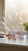 Colorful glass bottles on windowsill with soap bubbles floating in warm sunlight creating dreamy home decor atmosphere with green plant and soft textiles.