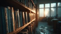 Wooden bookshelf with vintage books in warm sunlight streaming through library windows creating atmospheric reading environment for education and learning.