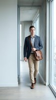 Professional Caucasian businessman walking in modern office corridor with leather bag, wearing navy blazer and khaki pants for corporate lifestyle concepts.