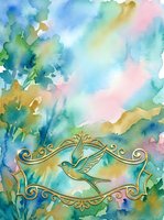 Watercolor painting featuring ornate golden frame with flying bird silhouette centered on soft pastel background of blue, green, yellow and pink washes. Suitable for greeting cards and wall art.