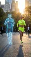 Holographic male runner and athletic woman jogging together in urban park at sunset with city skyline background for fitness technology concepts.