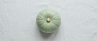 Single pale green pumpkin with ribbed texture on white marble surface for autumn harvest decoration and seasonal cooking projects.