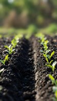 Young seedlings sprouting in organized rows through dark fertile soil, showing early growth stages in agricultural field with blurred green foliage background for farming and gardening concepts.