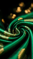 Luxurious emerald green silk fabric with golden accents swirling in elegant curves against dark background with warm bokeh lights for premium design projects.