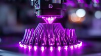 Futuristic purple laser technology with glowing geometric pattern creates mesmerizing light display against dark background. Advanced manufacturing concept.