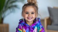 Young girl with bright smile wearing colorful tie-dye hoodie sweatshirt at home, showing genuine happiness and positive emotions in casual lifestyle portrait.