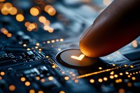 Finger touching illuminated circuit board with glowing electronic components and warm bokeh lights creating futuristic technology atmosphere for digital innovation.