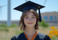 Young Caucasian female graduate in traditional black cap and gown smiling confidently outdoors on sunny day, natural makeup and short wavy brown hair, orange stole accent.