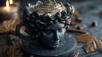 Mystical goddess statue with ornate crown in dark blue patina, surrounded by autumn leaves and candlelight creating spiritual ambiance.