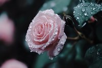 Delicate pink rose with morning dew drops on petals against dark green foliage creates moody garden atmosphere, soft bokeh background enhances romantic mood.