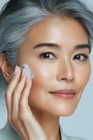 Asian woman with silver gray hair applying moisturizer cream to face, demonstrating skincare routine. Natural makeup and glowing complexion for beauty and cosmetic advertising.