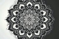 Black and white circular mandala pattern with intricate floral design and dotwork details, featuring symmetrical petals radiating from center in traditional style.