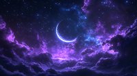 Mystical night sky with glowing crescent moon among vibrant purple and blue nebula clouds, stars twinkling in dark space. Dreamy celestial landscape for fantasy backgrounds.