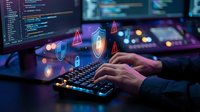 Cybersecurity professional typing on keyboard with digital security icons and shields floating above in modern tech workspace with multiple monitors.