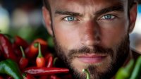 Bearded man with striking blue eyes holding fresh red chili peppers. Close-up portrait showing intense gaze and natural smile against blurred background of produce market.