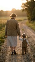 Grandmother and grandson walking hand in hand on rural dirt road during golden hour sunset, family bonding moment in countryside landscape.