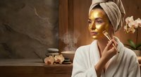 Young woman applying golden face mask in luxury spa bathroom wearing white robe and towel turban for skincare routine and wellness relaxation.