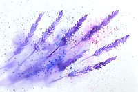 Delicate watercolor lavender sprigs in purple and blue hues with artistic splatter effects on white background, creating soft botanical artwork for wall decor and stationery design.