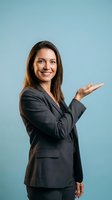 Professional businesswoman in dark suit presenting with open palm gesture on blue background for corporate marketing materials.