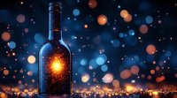 Glowing glass bottle against dark background with magical bokeh lights and sparkles creating mystical atmosphere for beverage and holiday designs.