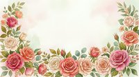 Watercolor floral border with roses in coral, pink, and cream tones surrounded by green foliage on white background. Perfect for wedding invitations, greeting cards, and design projects.