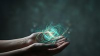 Hands holding glowing green energy orb with swirling light effects against dark background for technology and innovation concepts.