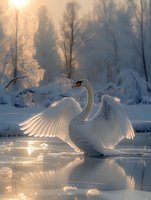 Majestic white swan spreading wings on frozen lake at sunrise, creating ethereal atmosphere with frost-covered trees and golden morning light reflecting on icy surface.
