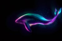 Luminous whale silhouette with neon gradient colors swimming in starry dark space, glowing magical effect creates ethereal marine artwork on black background.
