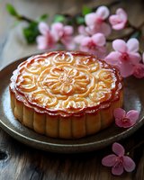 Traditional Chinese mooncake with ornate golden pattern on rustic plate surrounded by delicate pink cherry blossoms for Mid-Autumn Festival celebration.