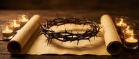Crown of thorns resting on ancient scrolls with burning candles, symbolizing sacrifice, redemption, and spiritual devotion for religious and Easter themes.