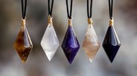Crystal pendants on black cord necklaces featuring amethyst, clear quartz, amber, rose quartz and obsidian gemstones in geometric diamond shapes with gold wire wrapping.