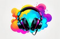 Black headphones on vibrant multicolored cloud background with splashes of pink, purple, orange and blue colors. Modern music and audio equipment illustration.