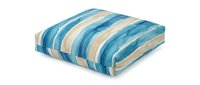 Striped outdoor floor cushion with blue and beige watercolor stripes, isolated on white background, ready for home decor and furniture design projects.