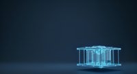 Transparent glass cube structure with glowing blue neon edges on dark background, suitable for technology, innovation, and futuristic design projects.