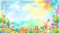 Watercolor kids nature scene with children flying kite, fox, bear, rabbit, birds, flowers, trees, rainbow sky, gold frame border.