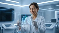 Female doctor examining holographic lung scan in modern medical facility for healthcare technology and diagnostic innovation.