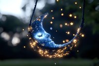 Magical glowing crescent moon with sparkling golden stars and fairy lights creating enchanting celestial atmosphere against dark bokeh background.