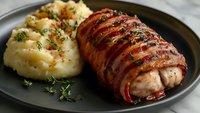Bacon wrapped chicken breast served with creamy mashed potatoes and fresh herbs on dark plate, close up view of gourmet main course with glazed meat.