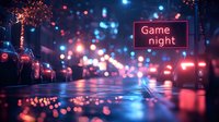 Neon game night sign glows against rainy city street with red and blue bokeh lights reflecting on wet asphalt, creating atmospheric urban nightscape.