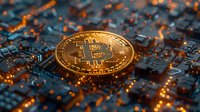 Golden cryptocurrency coin on circuit board with glowing orange lights and bokeh effects, symbolizing digital finance and blockchain technology.