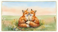 Two red foxes sitting together in meadow with wildflowers and soft pastel sky, isolated on white background for design projects.