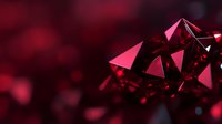 Dramatic red crystal formation with sharp geometric facets against dark background with bokeh effect, creating luxurious and mysterious atmosphere.