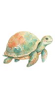 Decorative sea turtle with ornamental spiral patterns in warm coral, turquoise, and gold tones on white background. Isolated clipart suitable for children's designs, textiles, and creative projects.