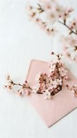 Pink envelope with delicate cherry blossom branches spilling out on soft white background for spring greeting cards and romantic correspondence.