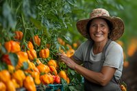 Mature female farmer in straw hat harvesting fresh orange bell peppers in greenhouse. Sustainable agriculture and organic farming concept.