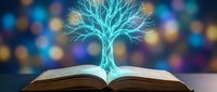 Glowing tree of knowledge emerging from open book pages against blurred bokeh background, symbolizing learning, education, wisdom, and intellectual growth for educational content.