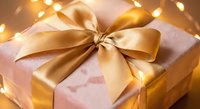 Elegant gift box with golden satin ribbon bow surrounded by warm bokeh lights creating festive holiday atmosphere for celebrations and special occasions.