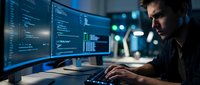 Young male developer or programmer with dark hair working at computer workstation with multiple monitors displaying code and data analytics in modern tech office environment at night.
