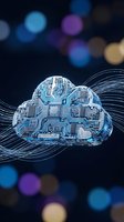 Digital cloud with circuit board pattern and flowing data streams on dark background with bokeh lights, representing cloud computing, data storage, and network technology.