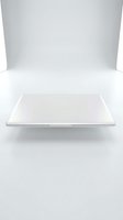 Empty white shelf floating against clean white background, isolated and ready for product display, mockup, or retail design use.